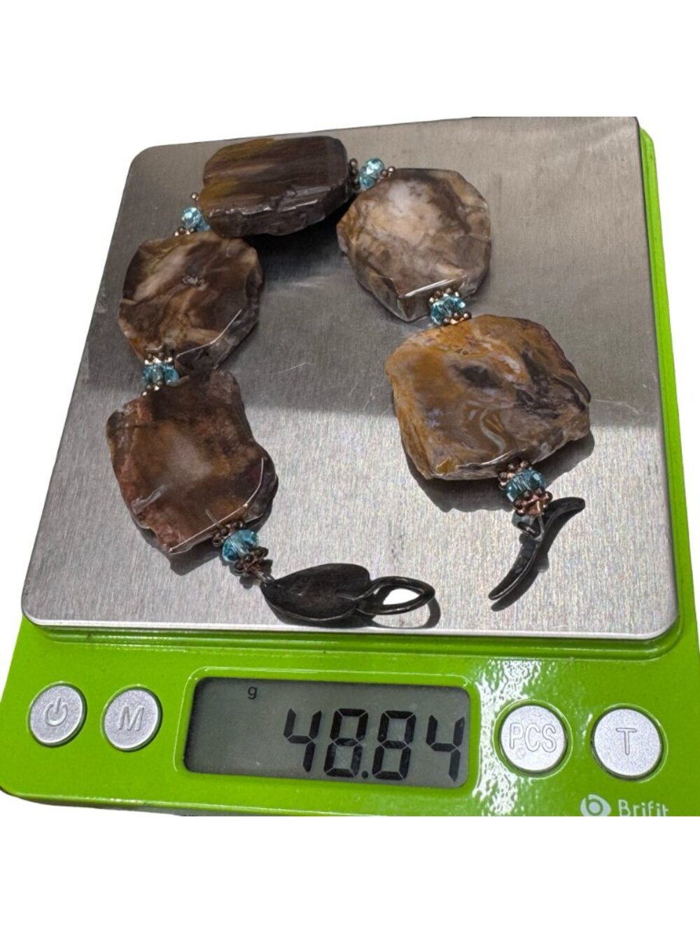 Vtg Petrified Wood Slab Panel Blue Crystal Bracelet Sterling Silver Leaf Clasp - Picture 7 of 11